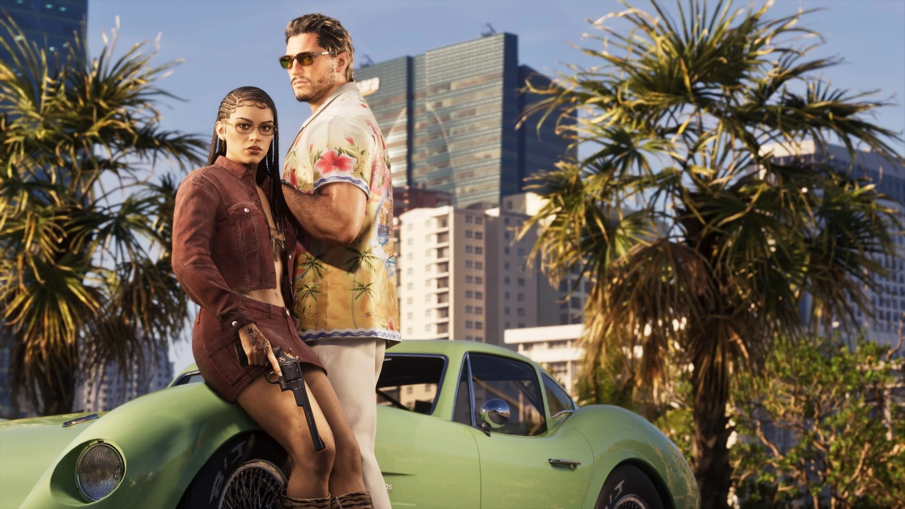 Jason und Lucia posieren neben einem grünen Sportwagen in GTA 6