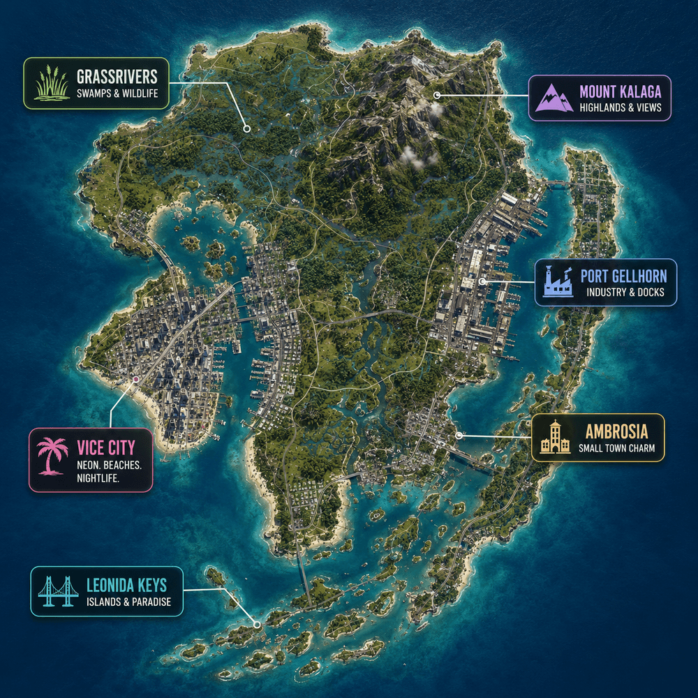 Carte de GTA 6 de Leonida : Vice City, Port Gellhorn, Mount Kalaga, Grassrivers, Ambrosia et Leonida Keys