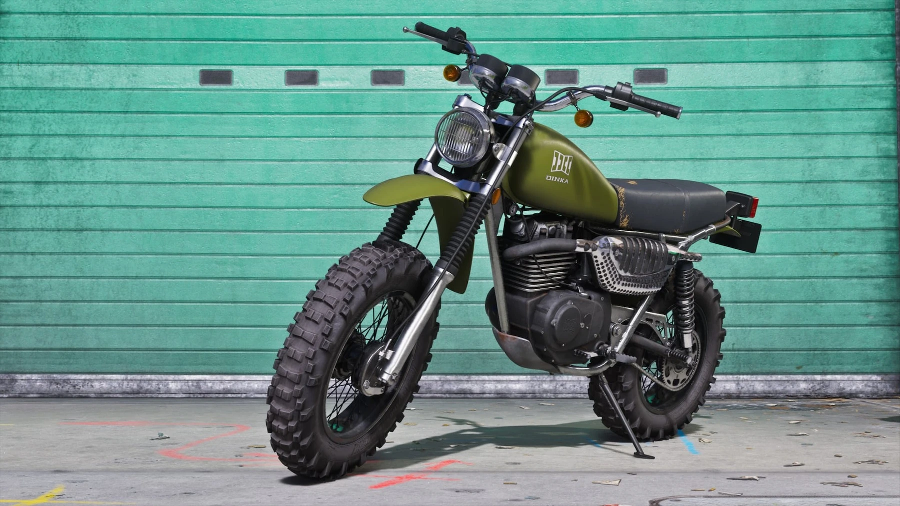 Uma motocicleta em frente a uma garagem em uma imagem oficial de GTA 6